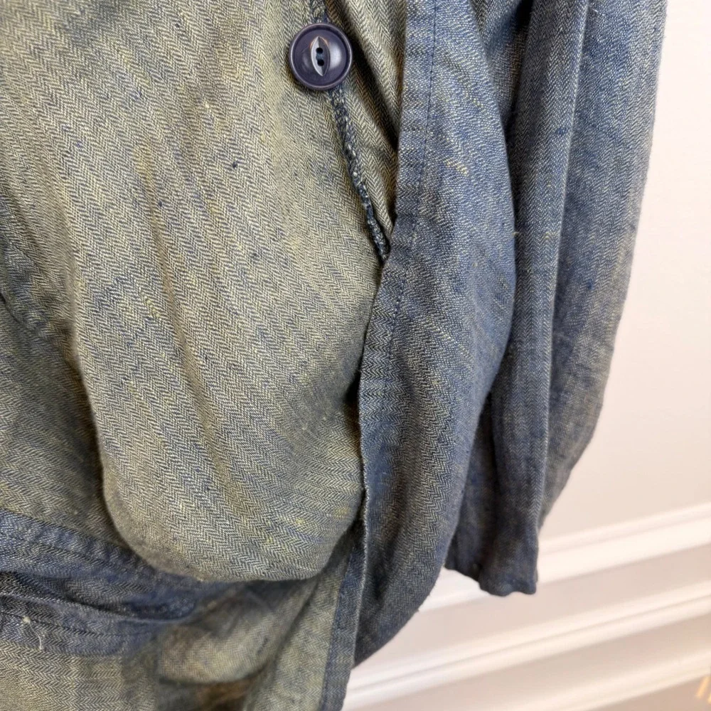 FLAX Jeanne Engelhart Blue Linen‎ Herringbone Button Front Jacket Petite